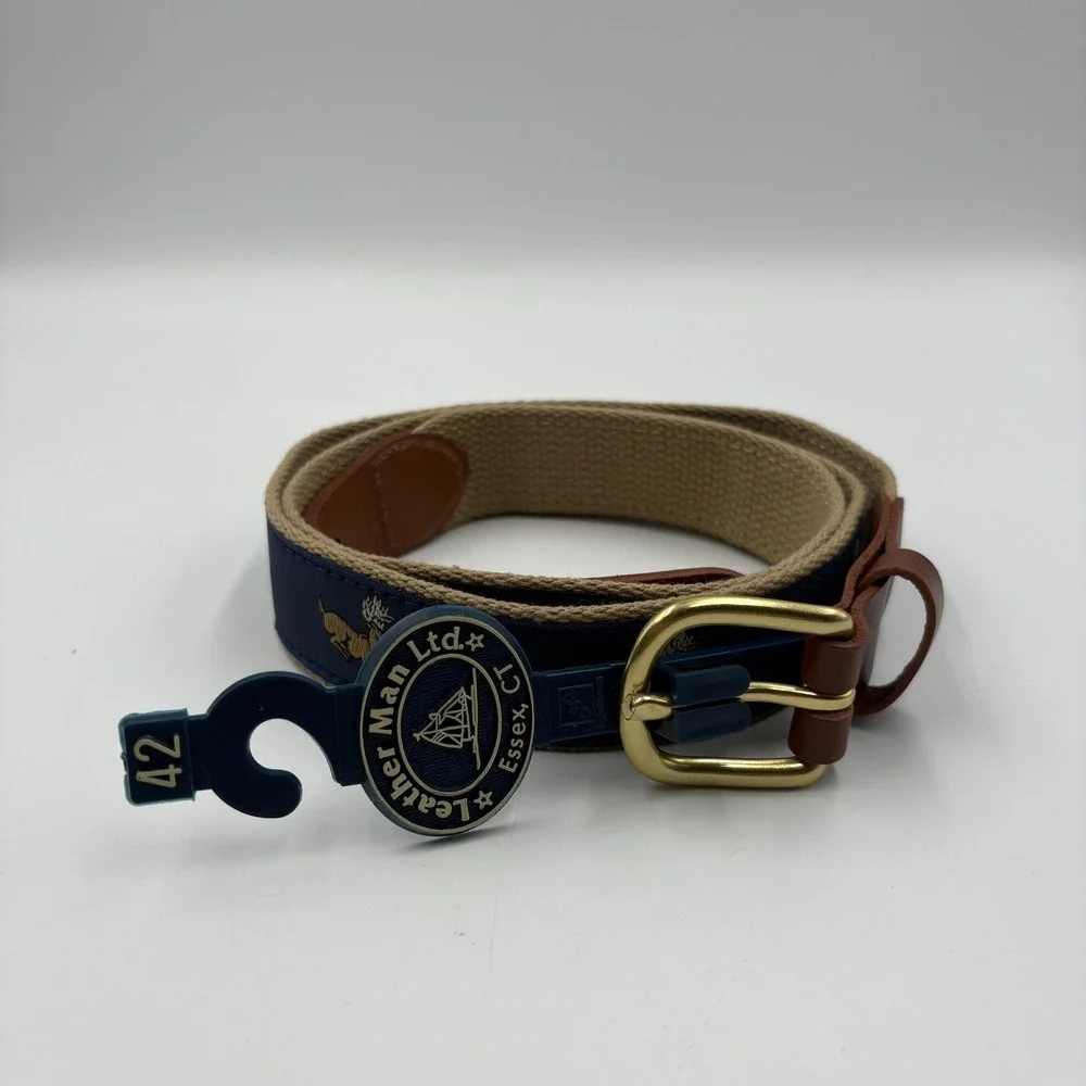 Leather Man Ltd. Ribbon Belt Mens‎ 42 Blue Deer Embroidered Brass Buckle Golf